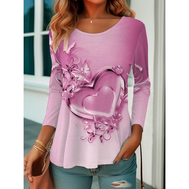 Round Neck 3D Love Printed Top Casual Long Sleeved Women's T-shirts - Soft Medium Stretch Polyester Fabric Spring and Autumn Relaxed Fit Clothing