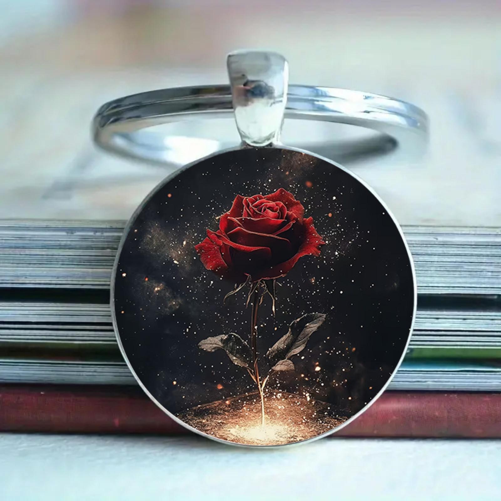 

Fashionable Shimmering Red Rose 2D Pattern Time Gemstone Alloy Pendant Keychain
