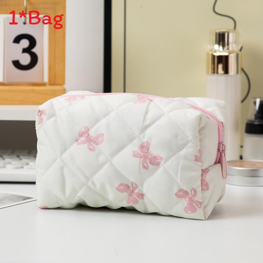 Korean Style Cotton Polyester Checkered Bow Makeup Bag With Zipper For Daily Use