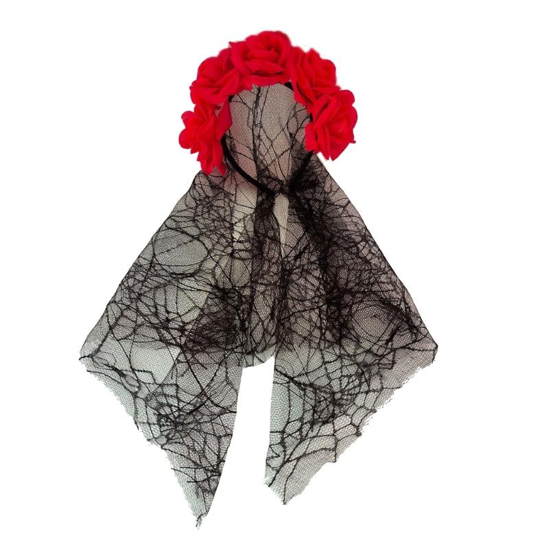 1PCS Black Veil Halloween Rose Flower Headband Costume Cosplay Wedding Mexican Rose Flower Crown Headband Day of The Dead Party