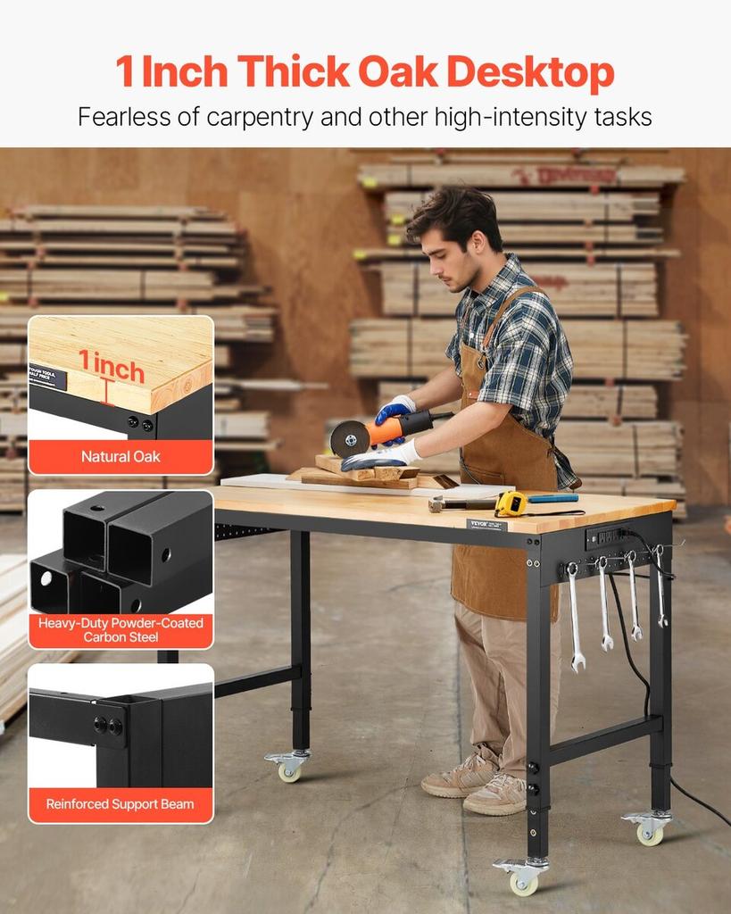 48" Workbench on Wheels Adjustable Height Table with Power Outlet & Pegboard
