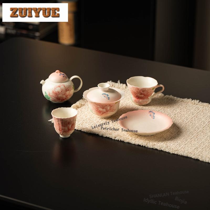 160ml Relief Hand-painted Peony Teapot Handmade Tea Infuser Pot Household Tea Making Kettle With Filter Tea Ceremony Gift Craft