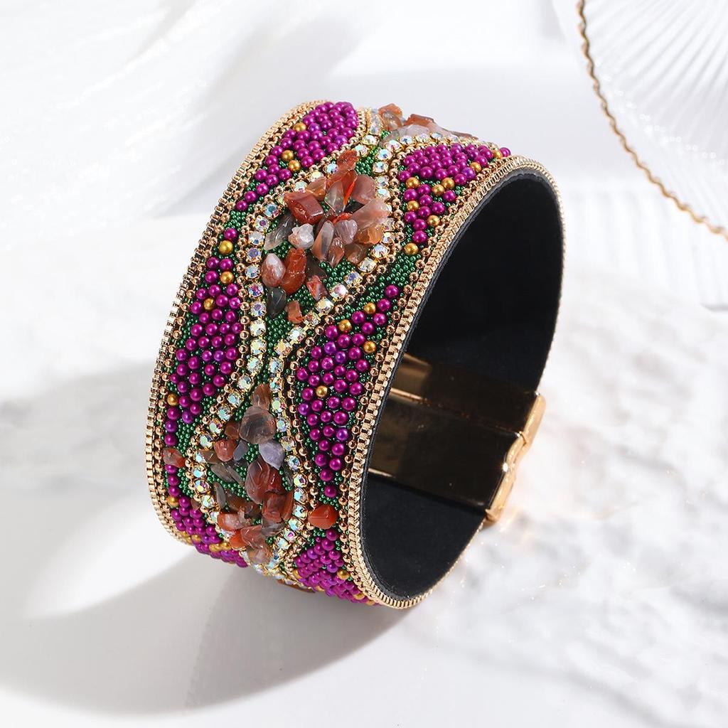 Cross-Border Bohemian Gemstone & Crushed Stone Bead Leather Bracelet for Women with Stainless Steel Magnetic Clasp