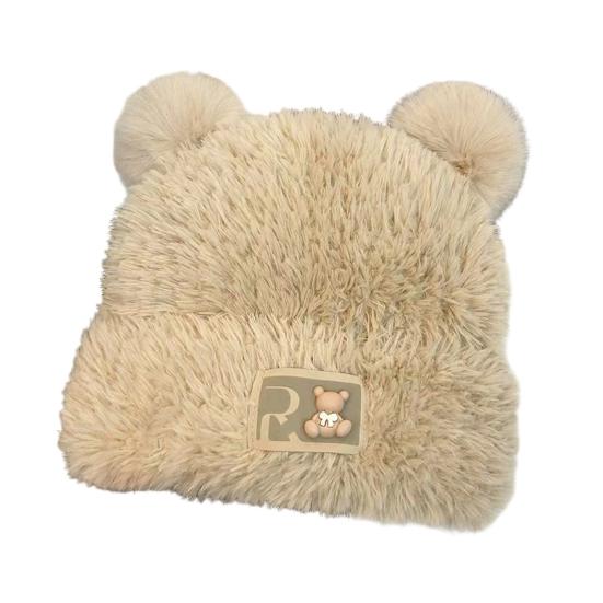 Women Knitted Hat Windproof Warm Solid Color Elastic Winter Hat Bear Ear Decor Cold Weather Plush Hat