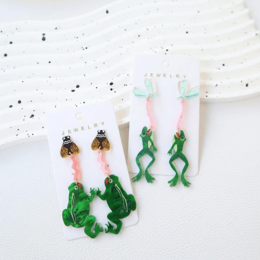 Exaggerated Eating Flies Frog Acrylic Earrings Mosquitoes Long Dangle Earring Funny