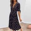 Ladies' Loose Comfortable Casual And Fashionable Summer Deep V-wave Printed Short Sleeved Waist Cinched Dress