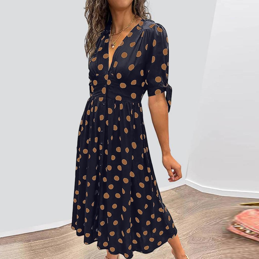 Ladies' Loose Comfortable Casual And Fashionable Summer Deep V-wave Printed Short Sleeved Waist Cinched Dress