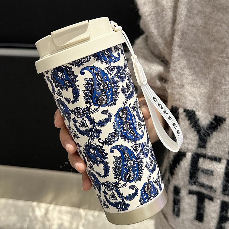 530ml Blue Paisley Floral 316 Stainless Steel Coffee Tumbler, Dual Sip Vacuum Insulated Travel Cup with Carry Lanyard