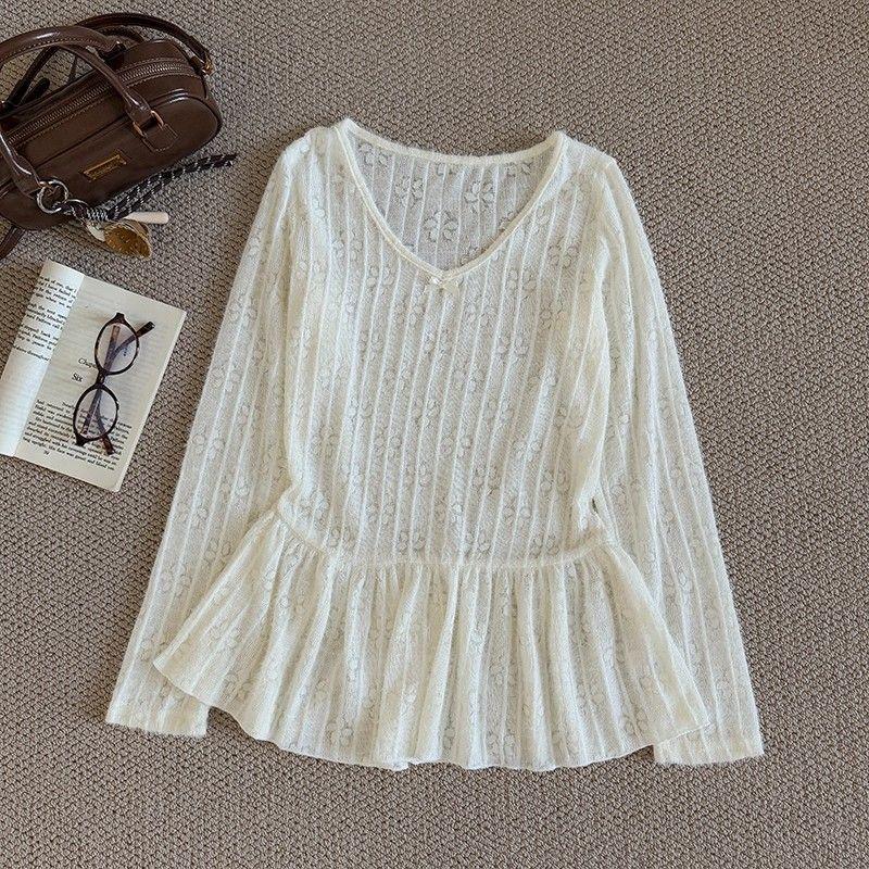 

White Ruffled Hem Long-sleeve Blouse Women s V-neck Ribbed Sparkle Casual Loose Top S абрикосовий
