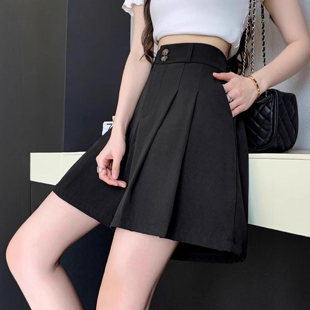 Autumn 2024 High-Waisted Petite Pleated A-Line Culottes - Black Wide-Leg Women's Shorts