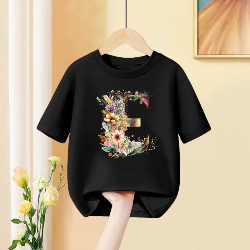 A B C D Kombinationsschrift Mädchen T-Shirt Blumendruck Lässige Oberteile Benutzerdefinierter Name Buchstabe Kinder Schwarzes T-Shirt