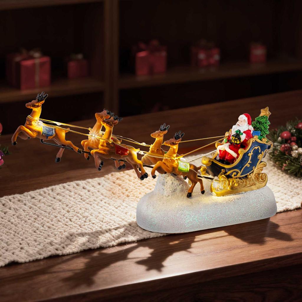 Santa Sleigh with Reindeer LED Lighted, Christmas Village Accessories, Collectible Decoration, Holiday Decor, Xmas Tabletop
