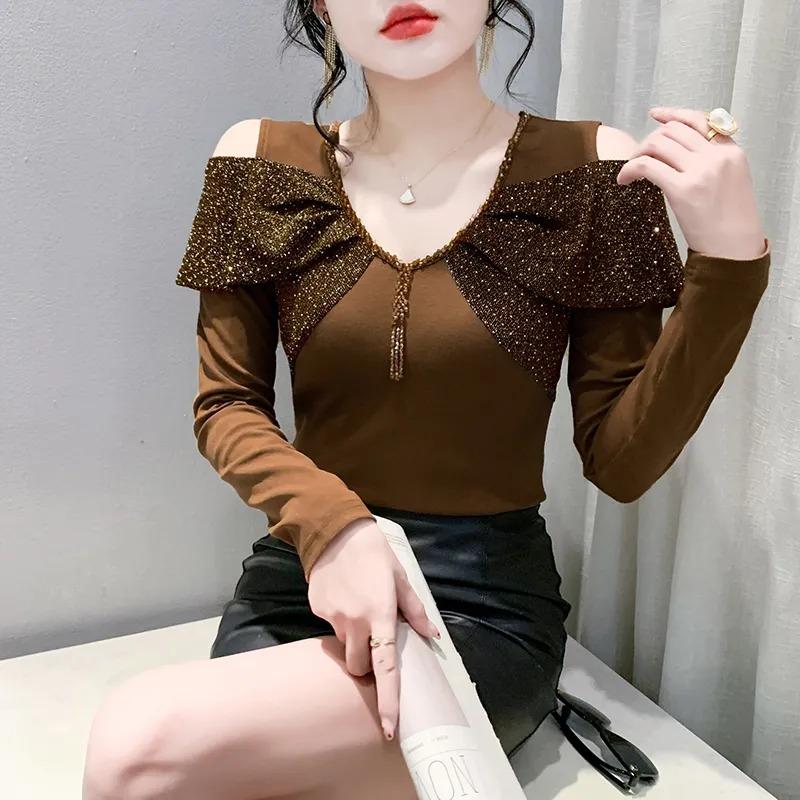 

Women s Black Cold Shoulder Long Sleeve Top with Rhinestone Bow Decor Slim Fit V-Neck Blouse L хакі