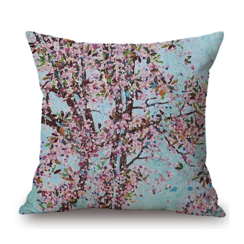 Oil Painting Flower Tree Blossom Pink Floral Cottton Linen Sofa Throw Pillow Case Home Decorative Cushion Cover