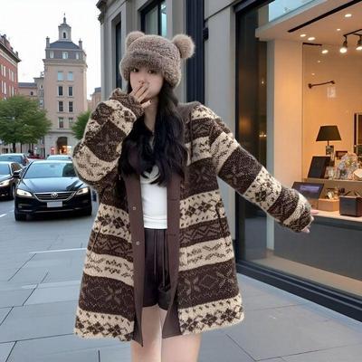Fair Isle Hooded Women's Mid-Length Coat: 2025 Retro Style, Thickened and Warm for Autumn/Winter, Imitation Lambswool.