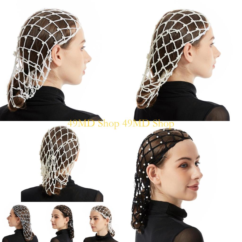 49MD Elegant Handmade Crochet Snood Hair Net Turban Hat for Women with Pearls Bead Decoration Great for Weddings and Parties
