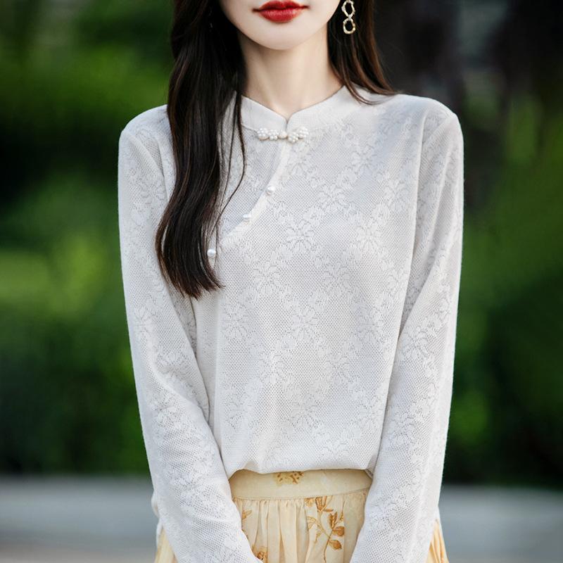 

Осень и зима Новый китайский Женский трикотажный топ с пуговицей на пластине Мягкая рубашка в стиле ретро M бежевый