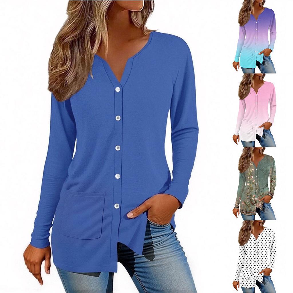 Women V-neck Long Sleeve Casual Cardigan With Pocket