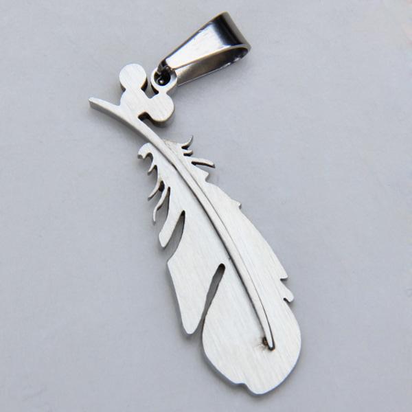 Stainless Steel Feather Necklace Charm Pendant W/ Rhinestone - Silvery