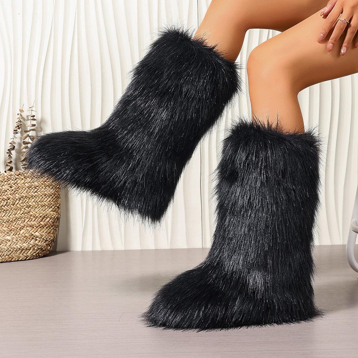 35cm Women s Mid-Calf Y2K Fashion Warm Fur Snow Boots - Winter Velvet Flat Bottom Outdoor Style 42 чёрный