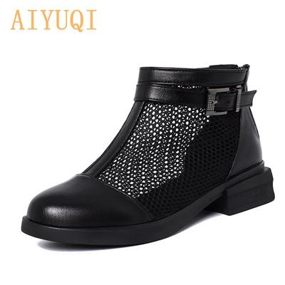 Women Hollow Net Boots Summer Genuine Leather Ankle Boots Ladies Big Size Thin Section Low-heel Women's Sandals