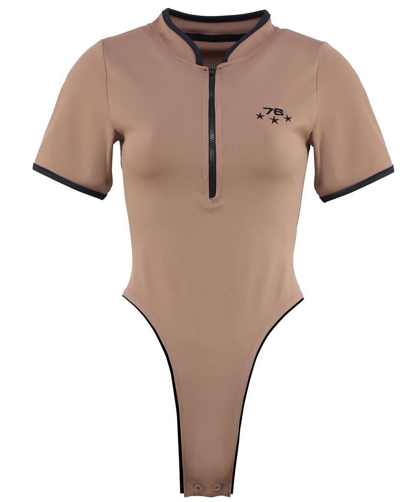 Seullisiseu Half Zip Open Back Bodysuit (Brown)