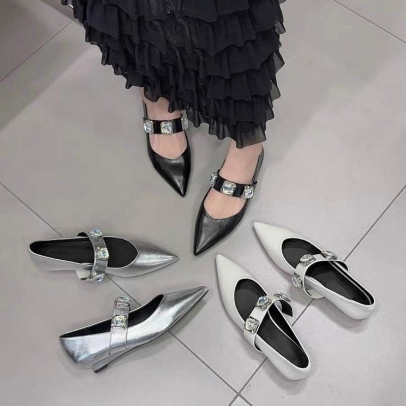 Fashion Pointed Toe Women Mules Ballet Dance Loafers 2024 New Arrivals Black Brown Silver Metal Chain Casual Sandals Belt Buckle