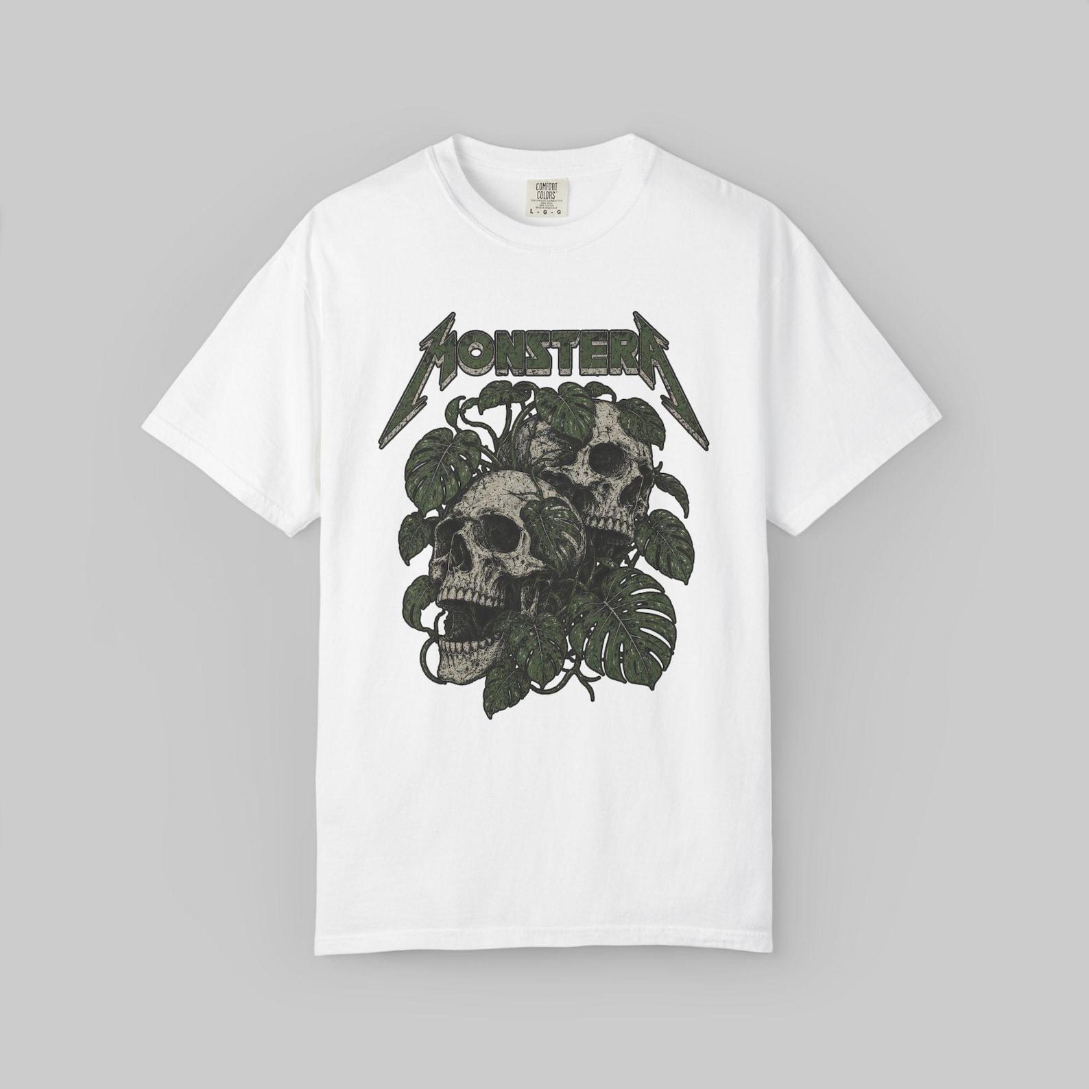 Skull and Monstera Botanical Skull T-shirt | Grunge Metal Plant Illustration S