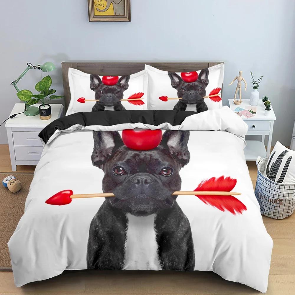 Cartoon Bulldog Dog Bedding Set Roses Duvet Cover Bedroom Comforter Cover Single Twin King Size Quilt Cover Home Textile 23Pcs