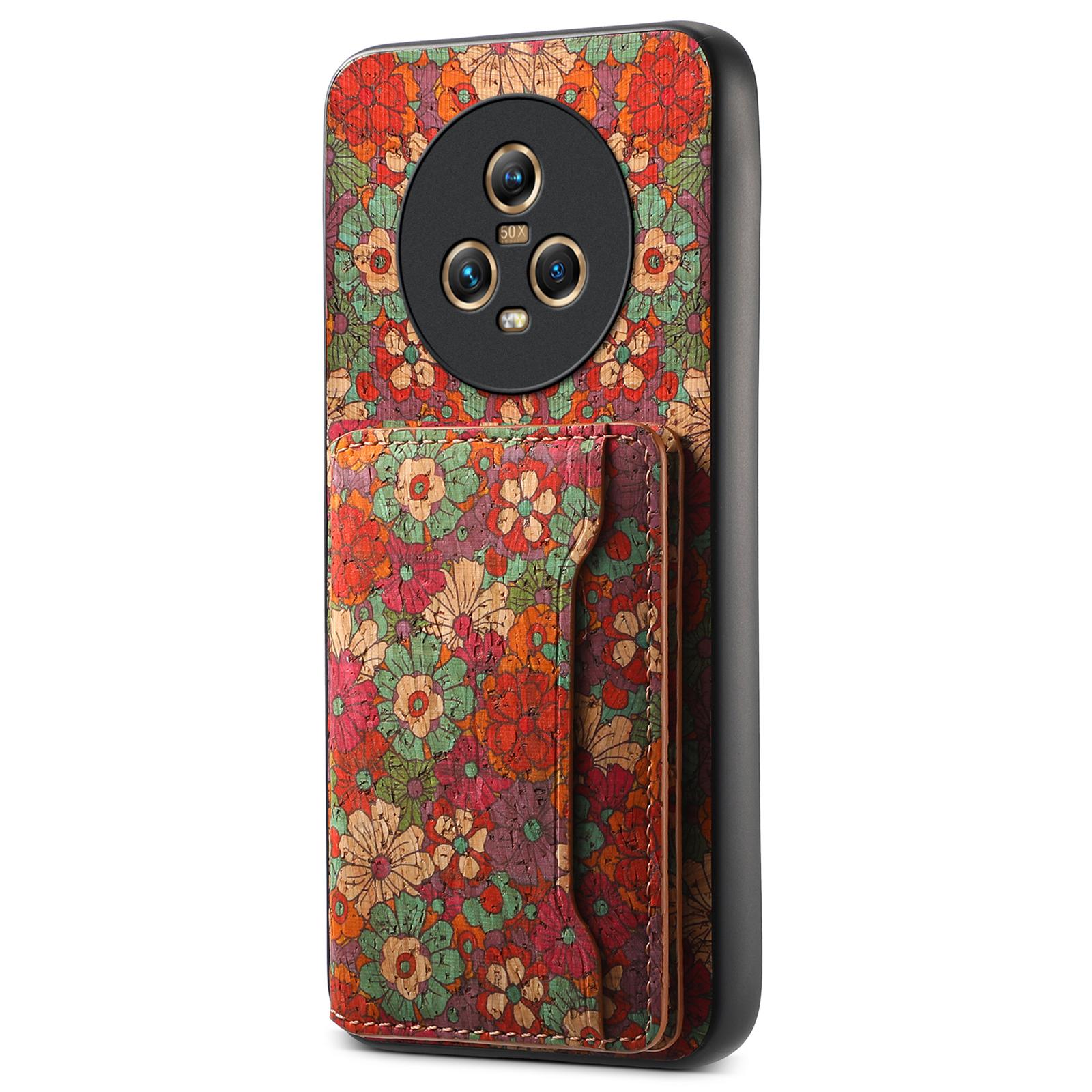 

For Honor Magic5 Phone Case Floral Pattern Card Slot PU+TPU+PC Kickstand Cover Summer/Red