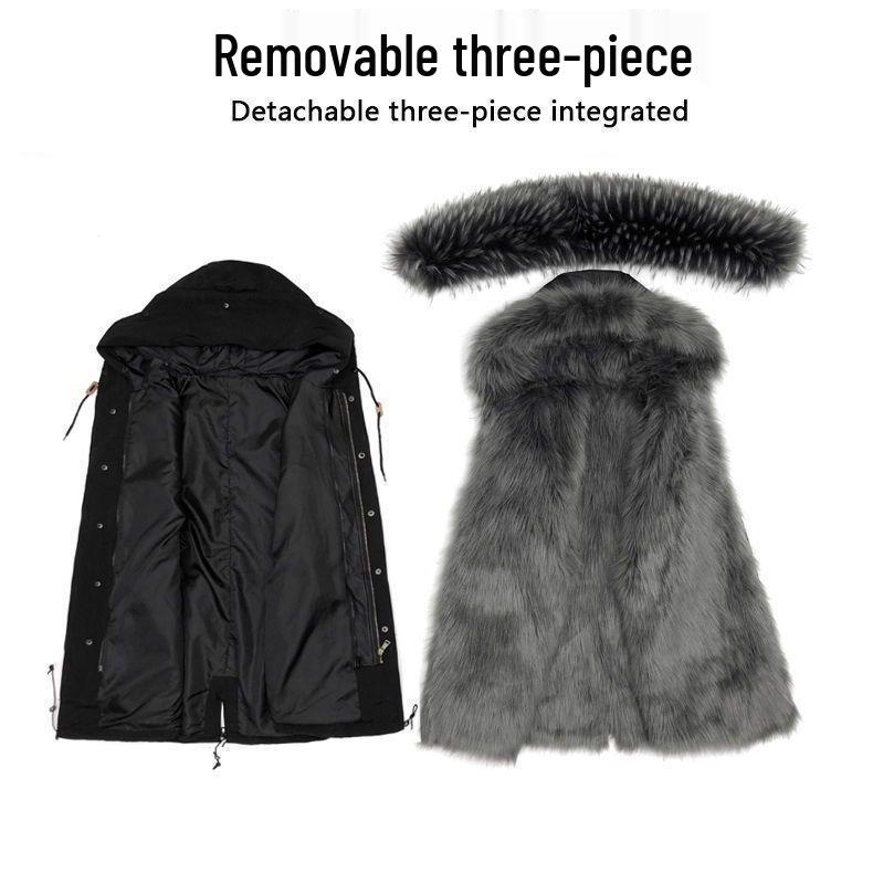 Women's Mid-Length Cotton Coat with Removable Faux Raccoon Fur Liner - Thickened, Plus Size