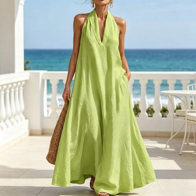 Vestido Maxi de Verano para Mujer Cuello en V Solapa Casual Sin Mangas Halter Largo Vestido Vacaciones en la Playa Fluido