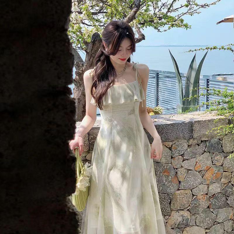 Women's Korean Summer Spaghetti Strap Maxi Dress Ruffle Neck Floral Print Sleeveless A Line Elegant Fairy Long Dress