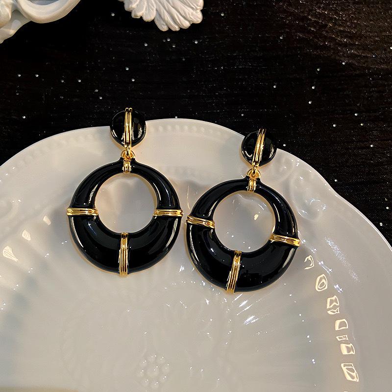 

Винтажные серьги-кольца с полым кругом и капельным маслом Серебряная игла - Французские ретро серьги-подвески