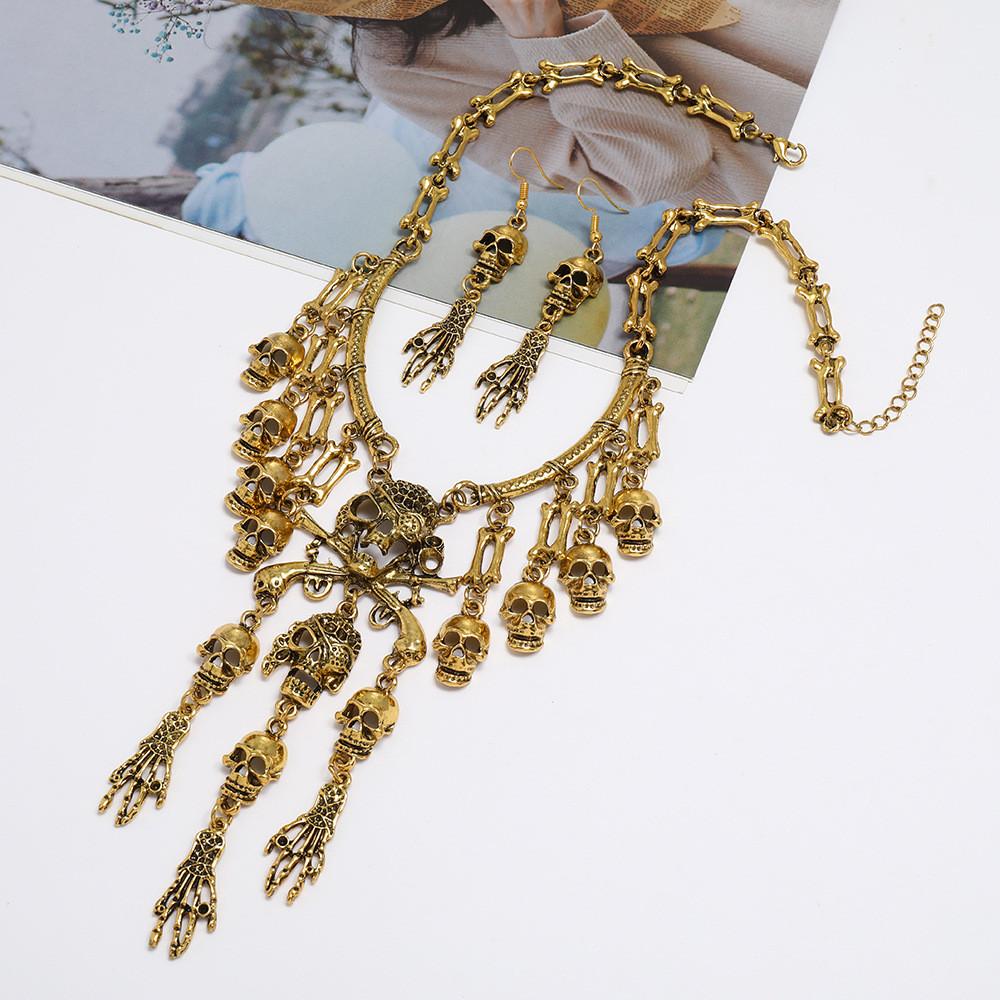 Skull Geometric Vintage Pendant Necklace With Tassel Chain For Gothic Punk Fans