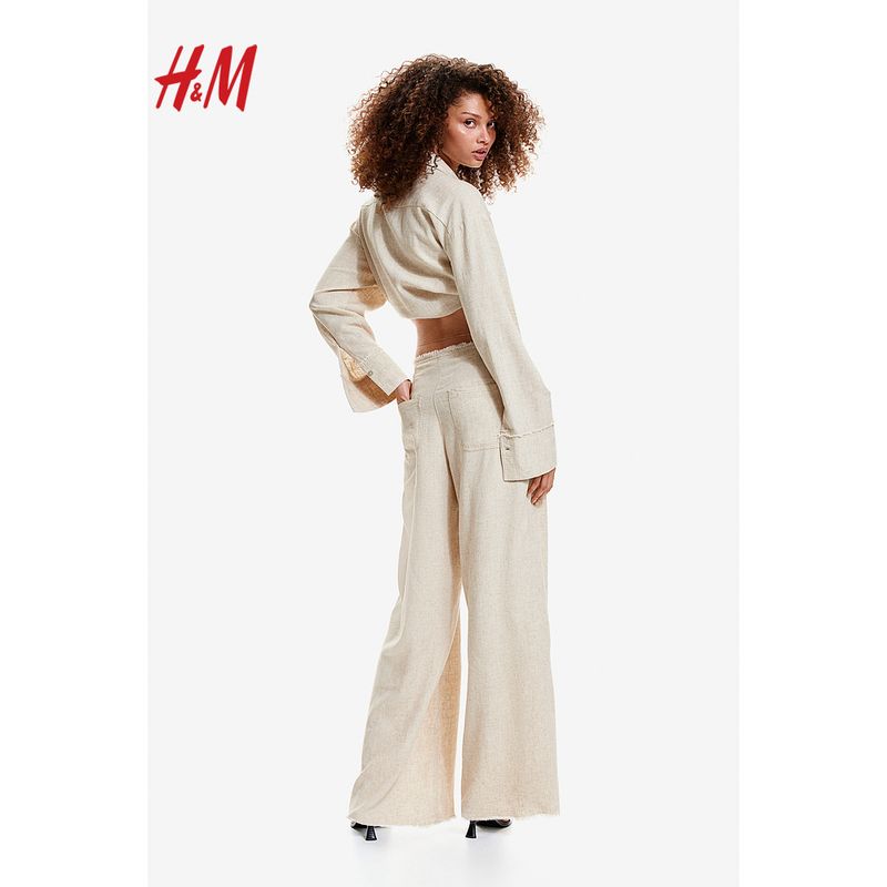 HM Women's Clothes Casual Pants Fall Straight-leg Loose Raw Hem Back Pocket Linen Blend Casual Pants 1224449