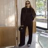 Y24ST593 Women's Casual Solid Color Round Neck Long Sleeve Top and Wide Leg Pants Set for Spring and Autumn