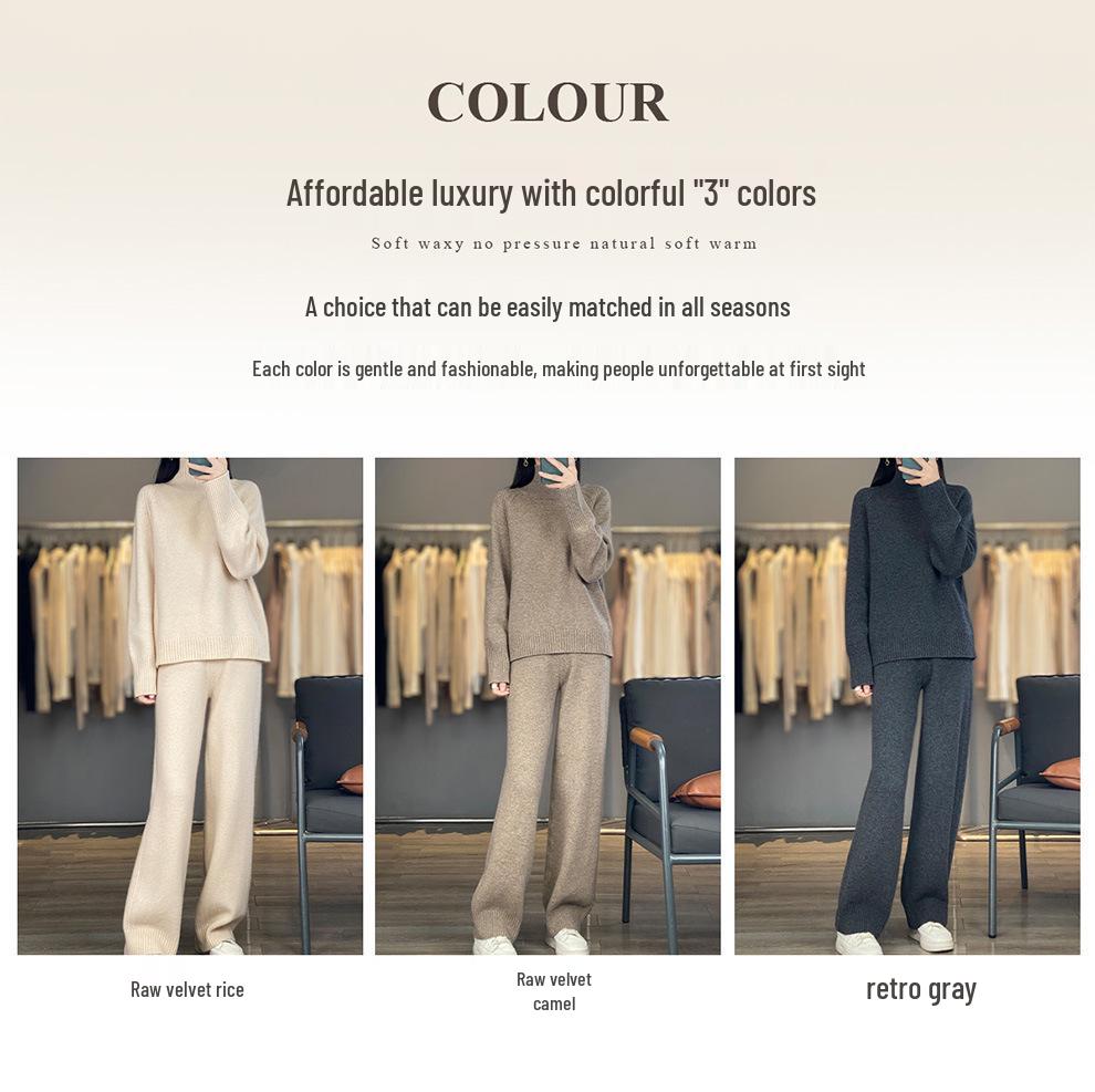 2025 Autumn/Winter High Neck Wool Knitwear & Wide Leg Pants Set