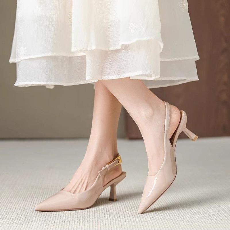 Fashion Stiletto Heels Women's Summer New Pointed Toe One Buckle Strap Wrapped Toe Patent Leather Back Empty Sandals