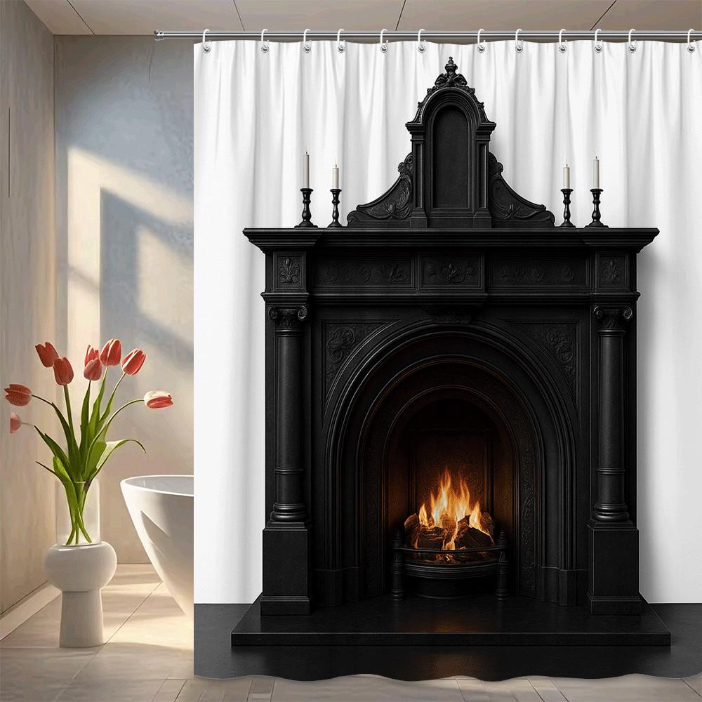

Classic Fireplace Shower Curtain Machine Washable All Season Waterproof Privacy Protection Vintage Design Elegant 12 Hooks W60H190(CM)-1 Pcs