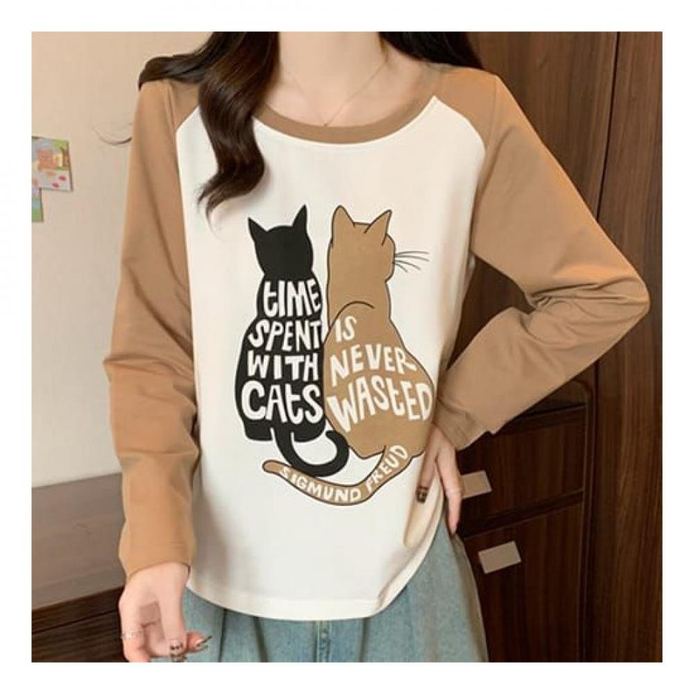Navava Women S CaT PrinTing Raglan Long Sleeve T ShirT nT1334