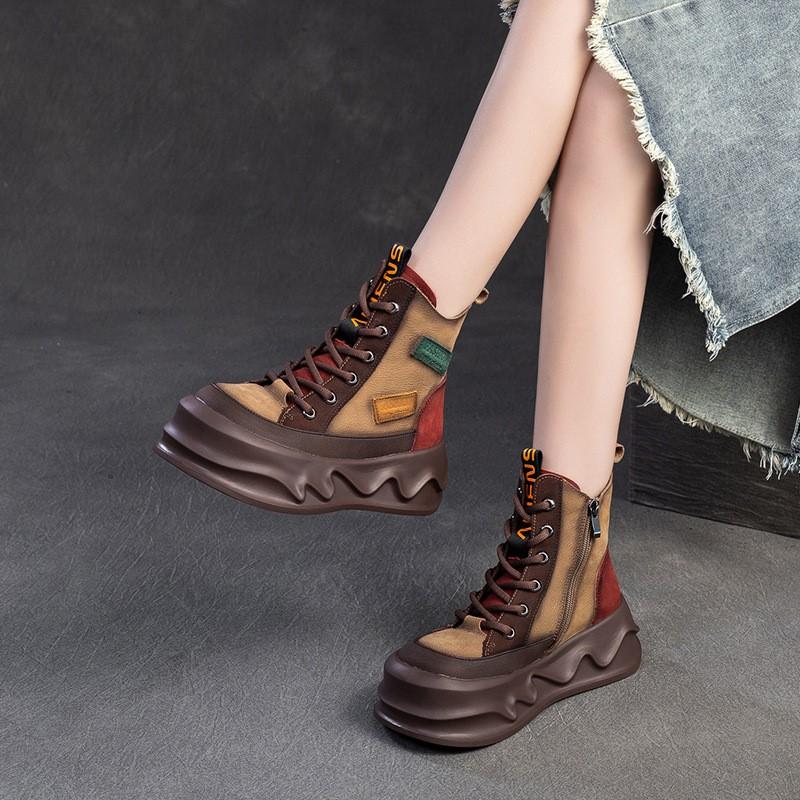 Johnature Scarpe con suola spessa e aumento dell'altezza, retrò, colori misti, stivaletti corti in vera pelle, scarpe da donna