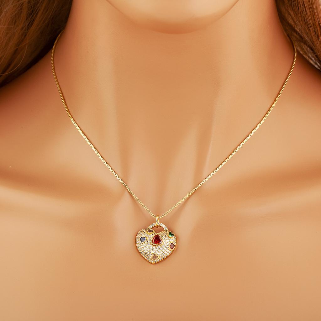 Nidin New Fashion Heart Shape Hollow Design Delicate Pendant Necklace For Women Men Inlaid Colorful Zircon Jewelry Birthday Gift