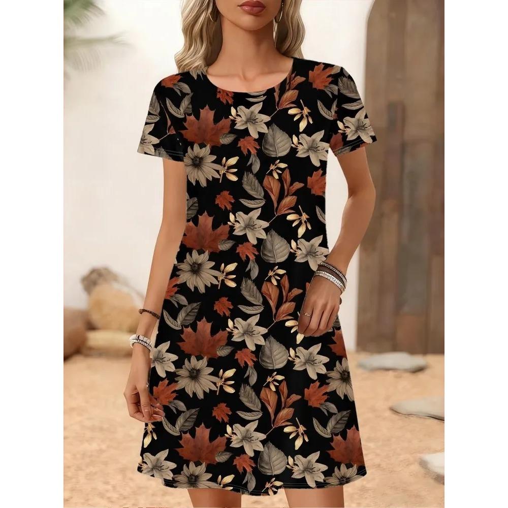 Creative Retro Colorful Flowers Patterns Women Mini Dresses Summer Short Sleeve Printed Plus Size Casual Comfortable Soft Dress