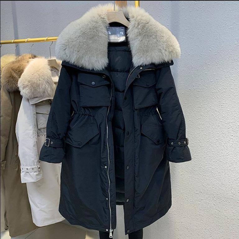 

Осенне-зимняя пуховая куртка женская одежда большой меховой воротник утепленная парка женская однотонная повседневная свободная длинная пуховая куртка XXL чёрный