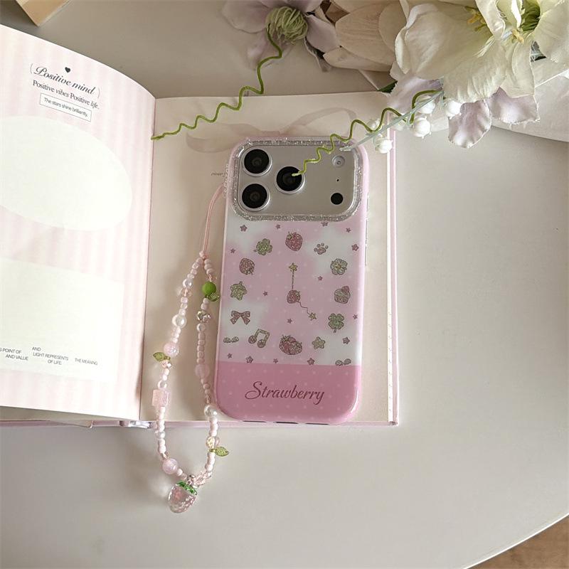 Powder Gradient Strawberry Chain Phone Case for iPhone 17/16 Pro Max/15/14 - Premium Feel