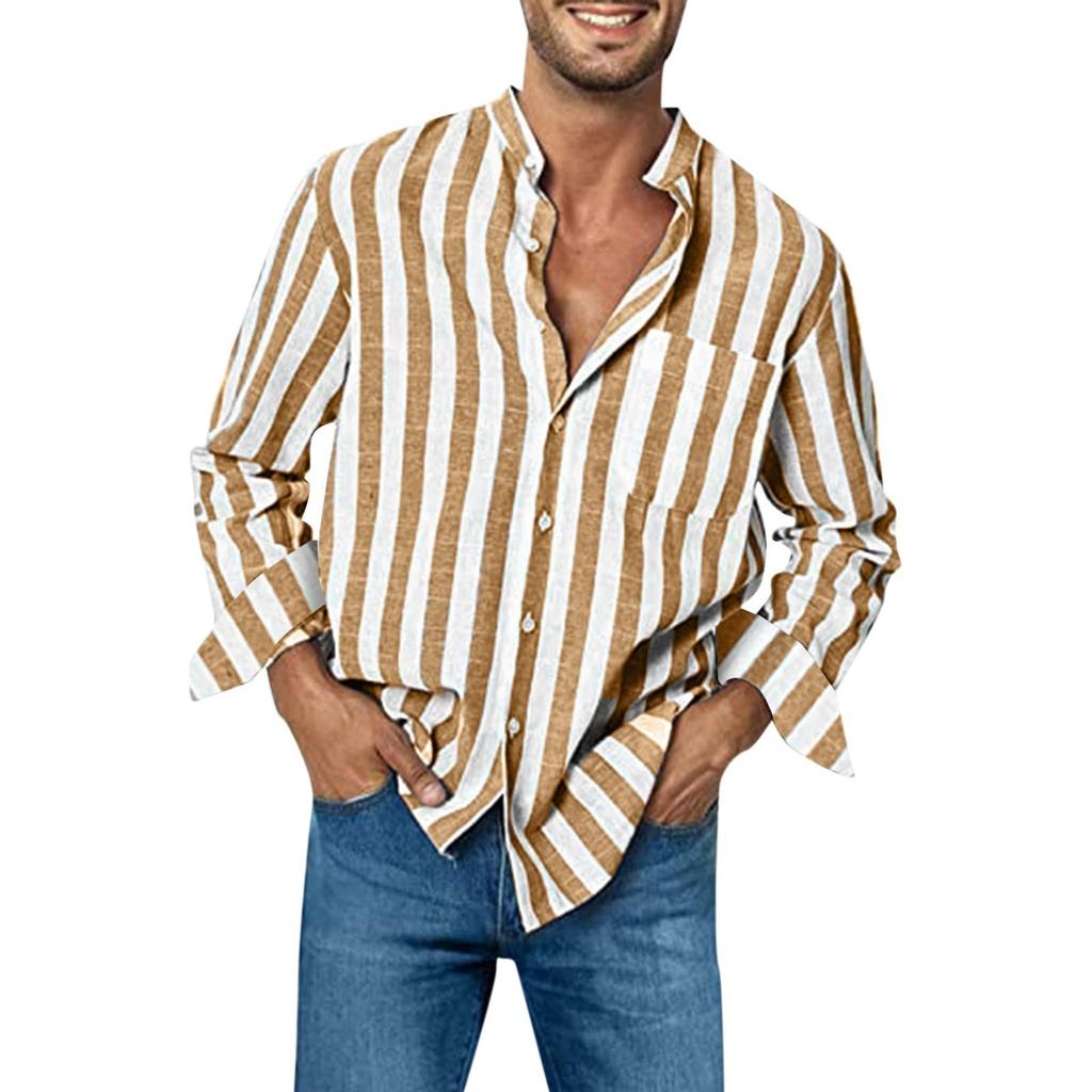 Men's Fashion Casual Pocket Striped Button Long Sleeve Top T Shirt Shirt