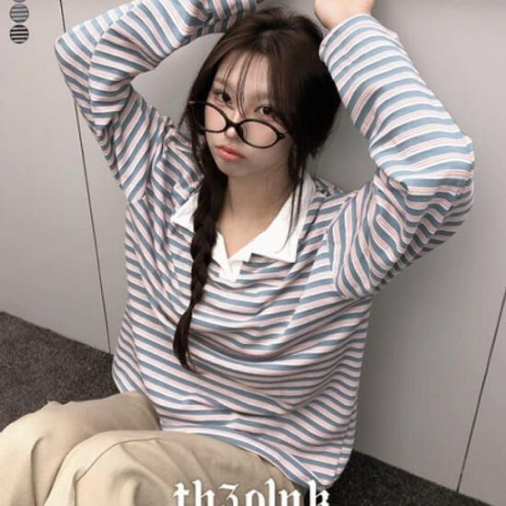 The Pink Aba OverfiT Color Block STripe Collar Long Sleeve T shirT