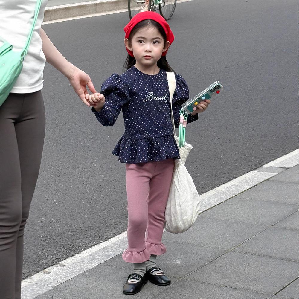 Tricou de fete cu mâneci bufante cu buline - Stil coreean de toamnă