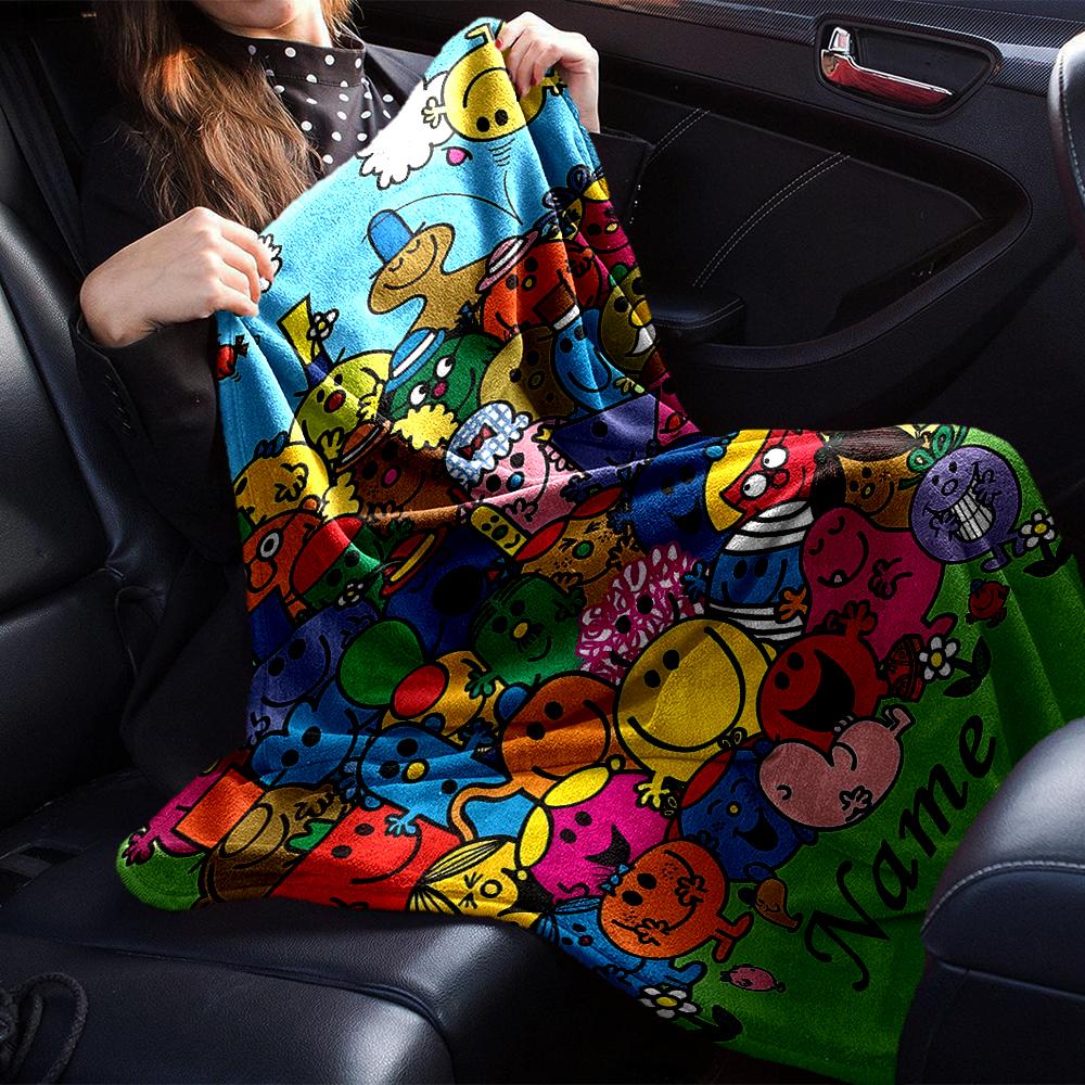 Custom Name Mr. Men and Little Miss Theme Printed Blanket - Perfect for Couch, Bed, Travel & Outdoor Use | Machine Washable, Cozy & Durable.